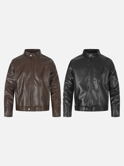 Brown faux leather biker jacket showing front pockets and hardware