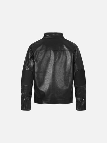 Full view of the brown faux leather biker jacket for everyday layering