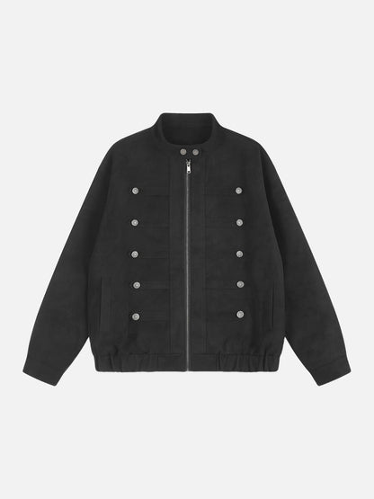 Black oversized jacket with ornate silver buttons on the front