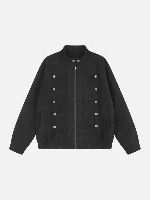 Black oversized jacket with ornate silver buttons on the front