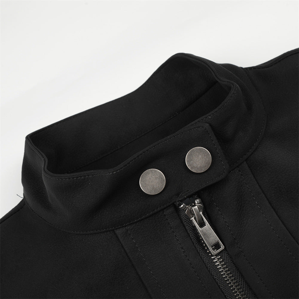 Side view of a black jacket with silver button detailing