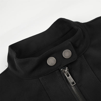 Side view of a black jacket with silver button detailing