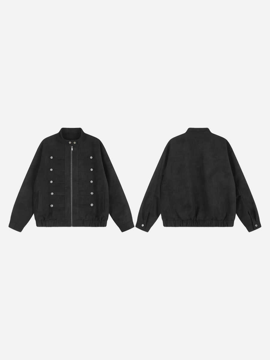 Black jacket with silver buttons styled as a statement layer