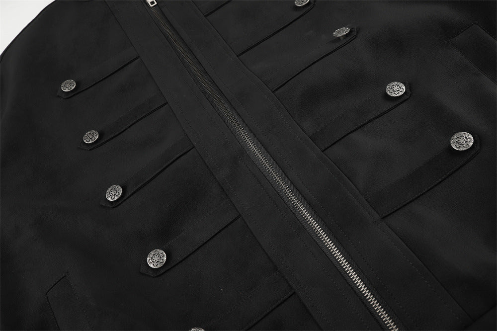 Detailed view of the black jacket’s structured oversized silhouette