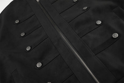 Detailed view of the black jacket’s structured oversized silhouette