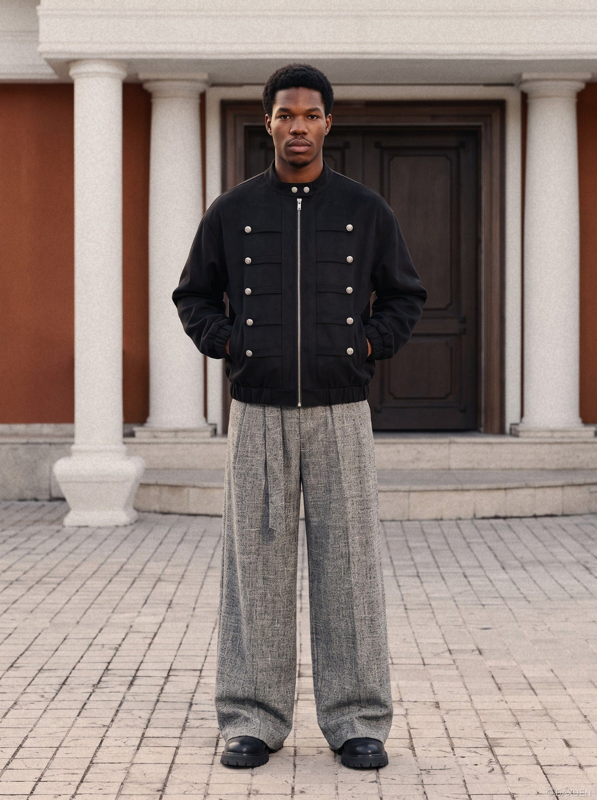 Black jacket showing its oversized fit and ornate silver buttons