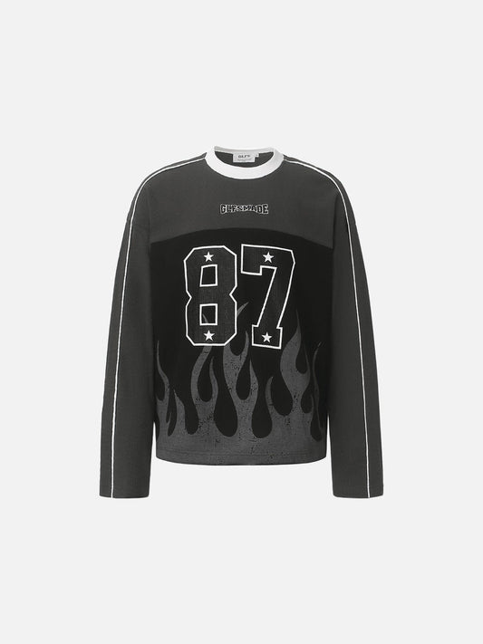 87 flame graphic long-sleeve top shown from the front