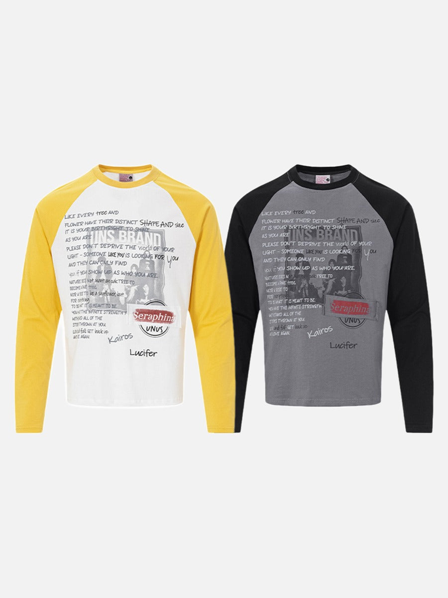 Detail of the yellow raglan sleeve on a graphic T-shirt