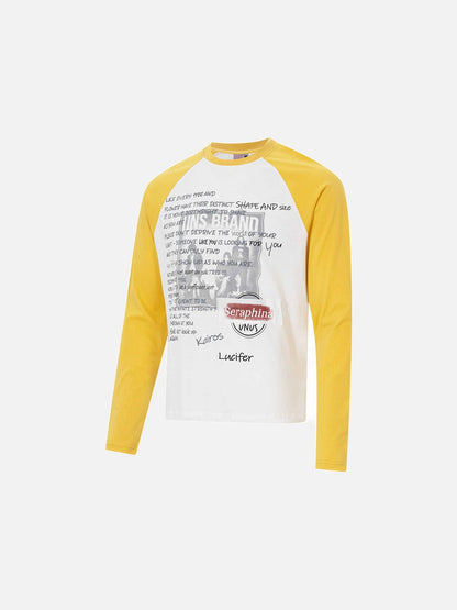 Full view of the casual graphic raglan T-shirt in white and yellow