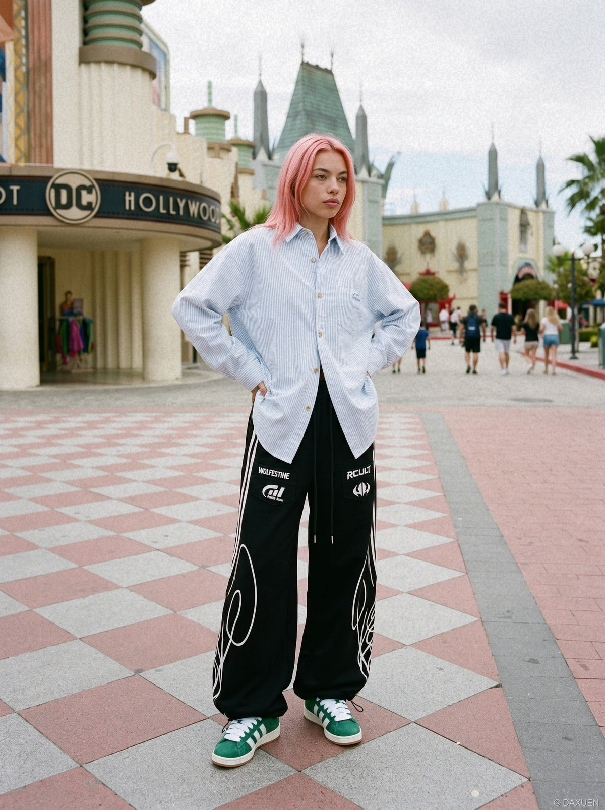 Black and grey winged sweatpants showing the waistband and drawstring