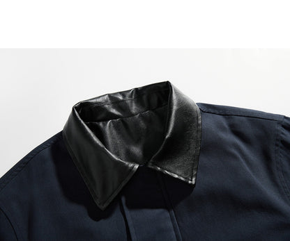 Close-up of the contrast collar on a casual navy jacket