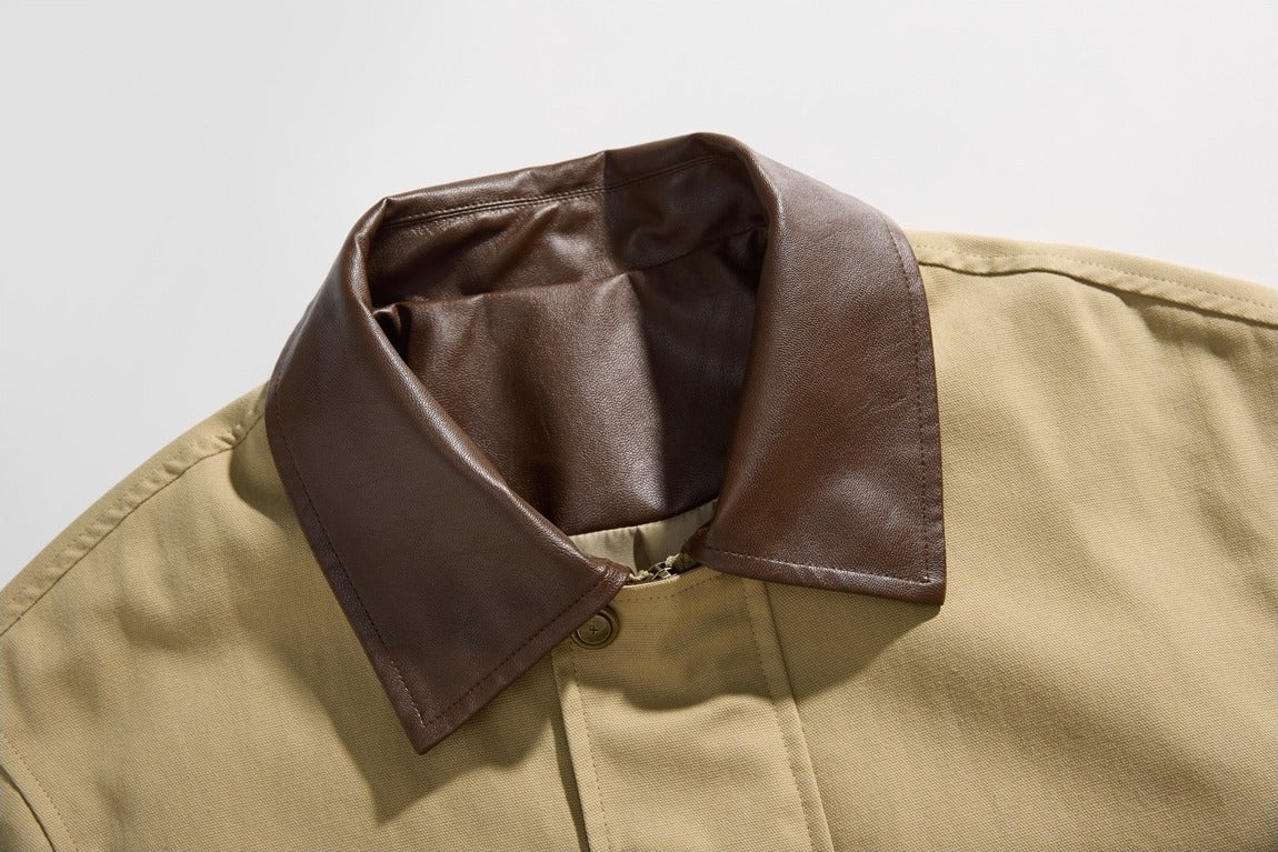 Casual jacket showing the contrast collar and outerwear design