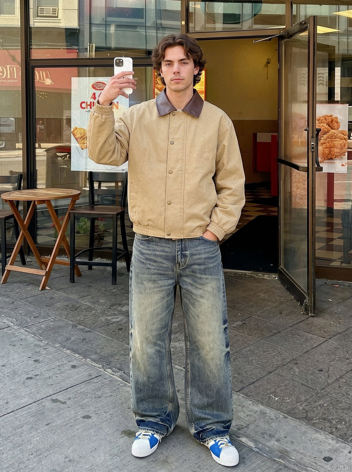 Front view of a khaki casual jacket with a contrast collar