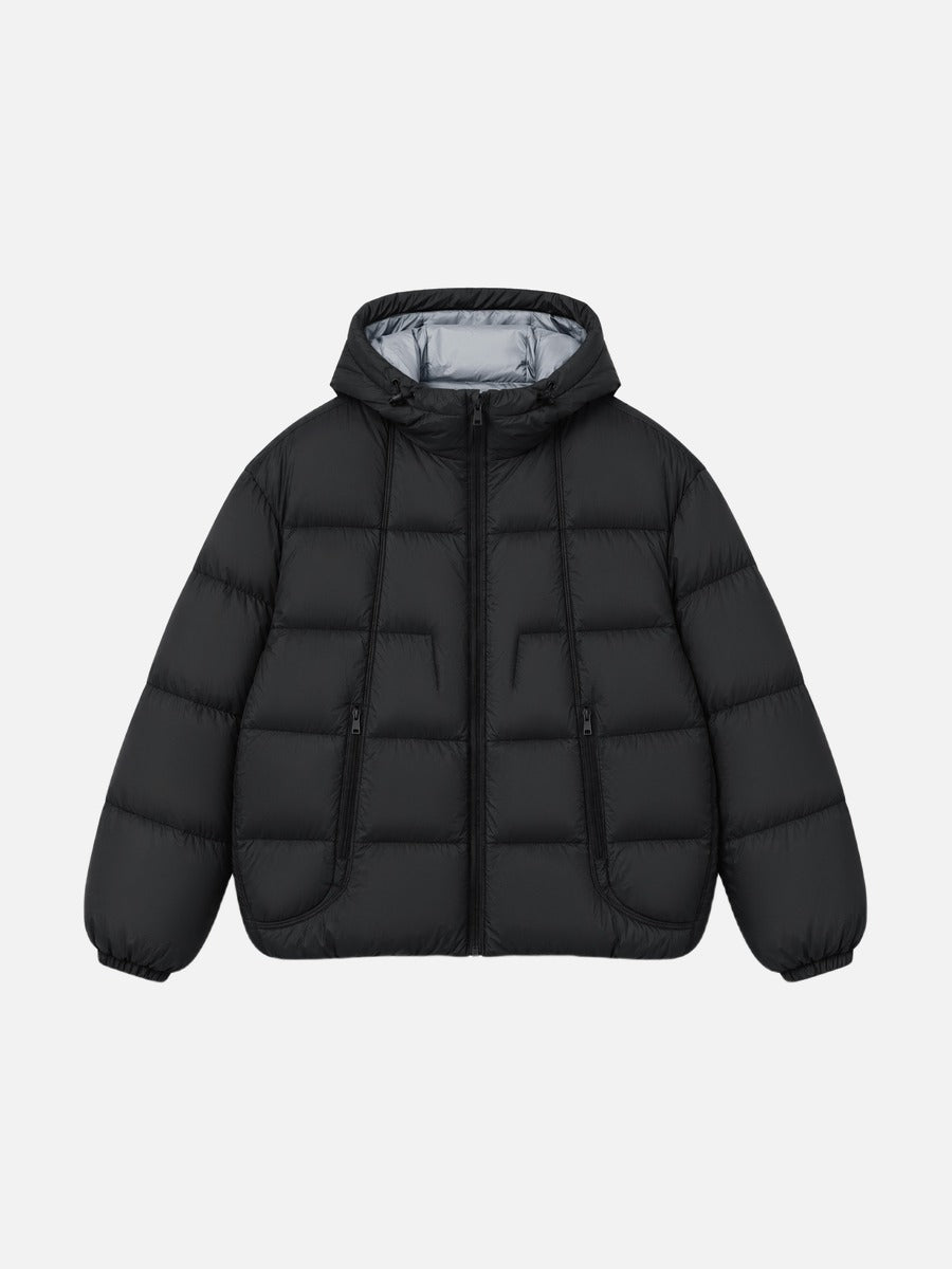 Oversized contrast hooded puffer jacket shown from the front