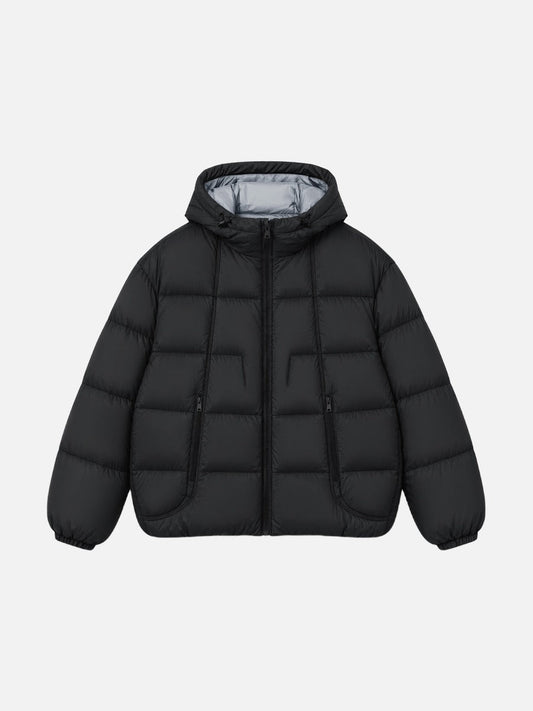 Oversized contrast hooded puffer jacket shown from the front