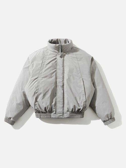 Cropped light grey padded bomber jacket displayed from the front