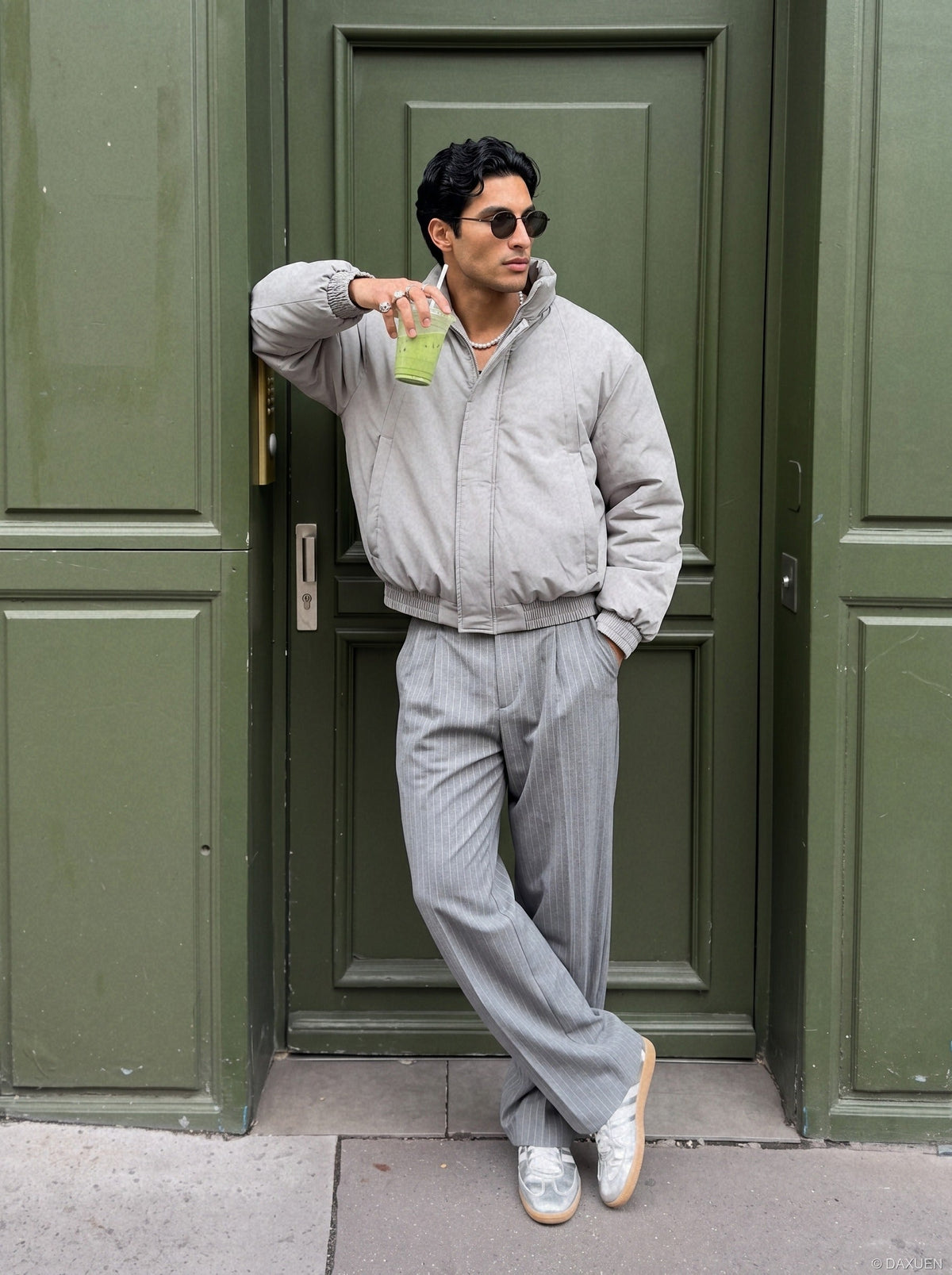 Side view of the cropped light grey padded bomber jacket