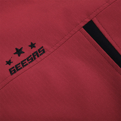 Red and black tracksuit styled as a casual everyday outfit
