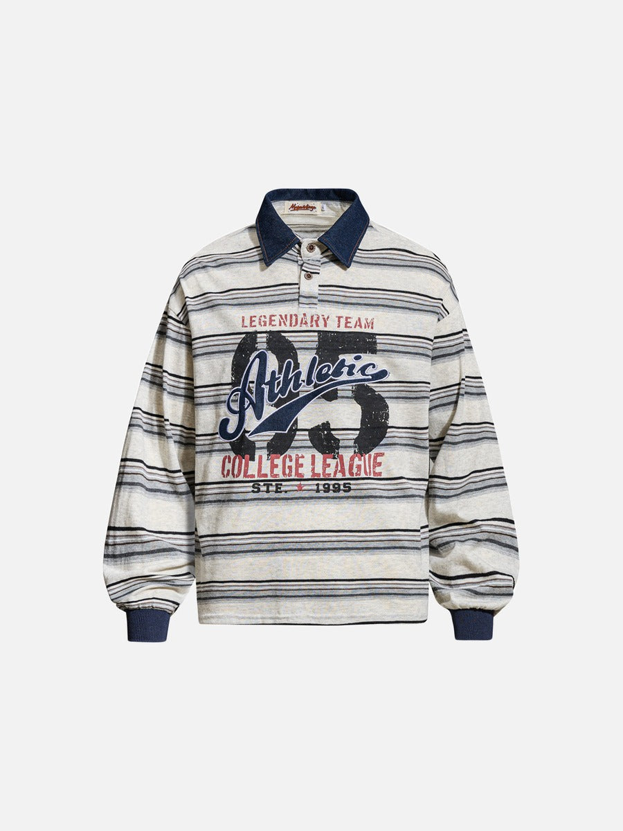 Back view of the oversized striped graphic polo shirt