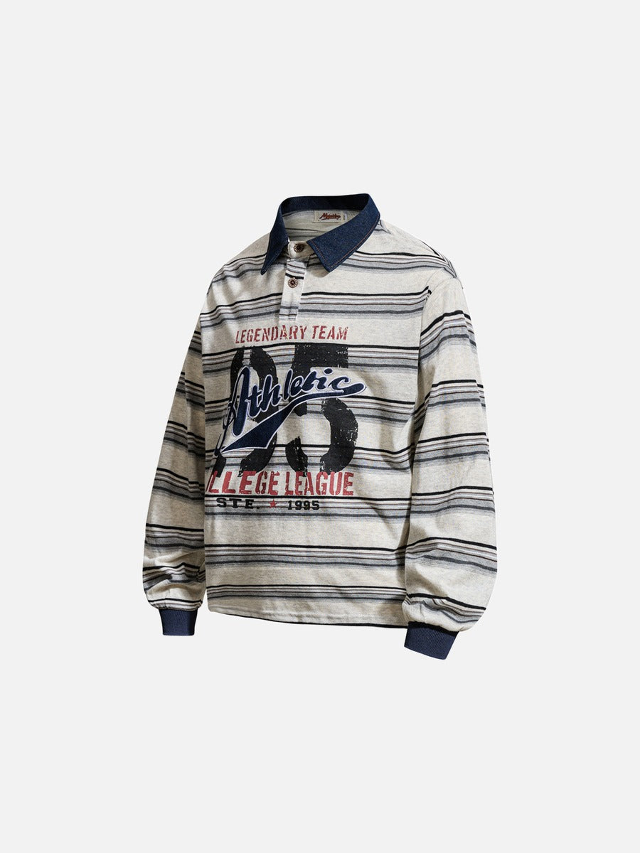 Alternative angle of the oversized striped graphic polo shirt highlighting relaxed fit