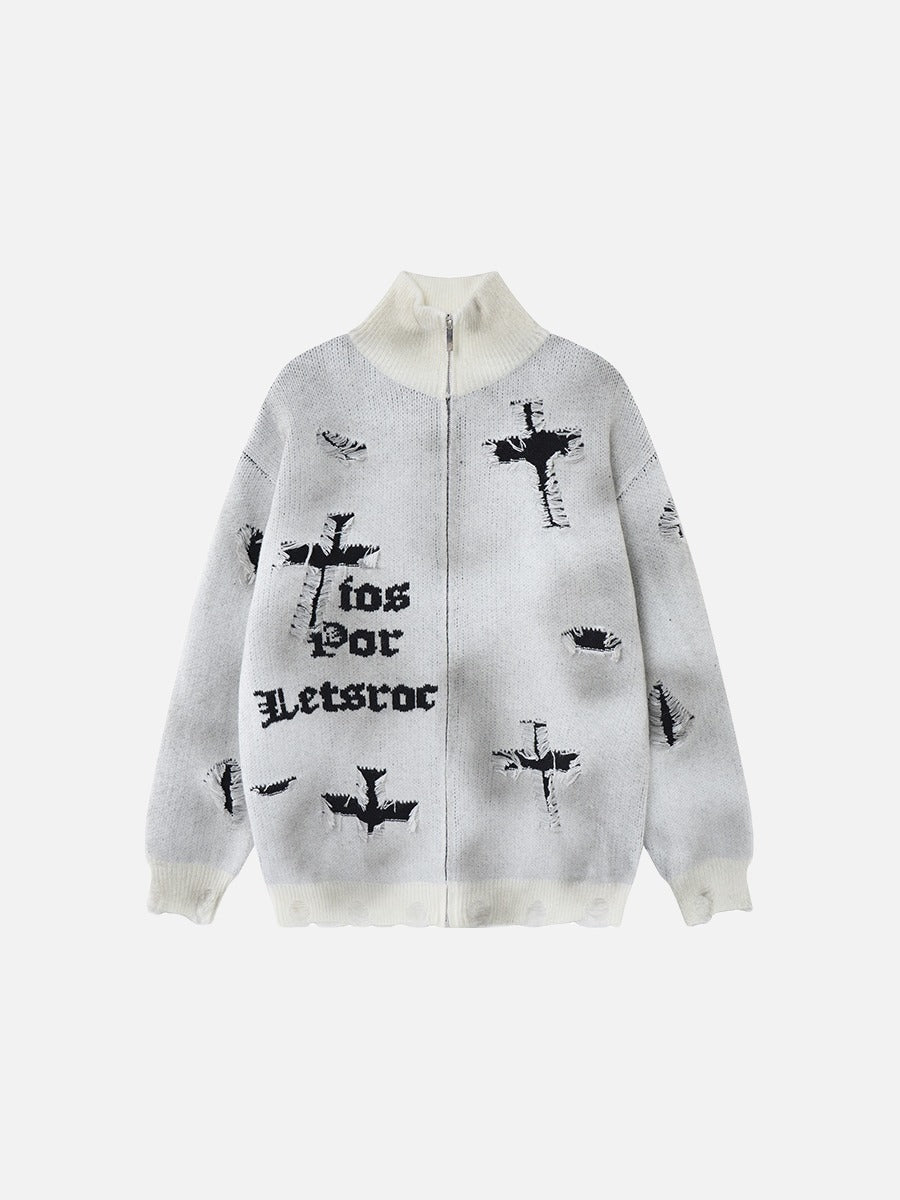Distressed Cross Graphic Knit Sweater