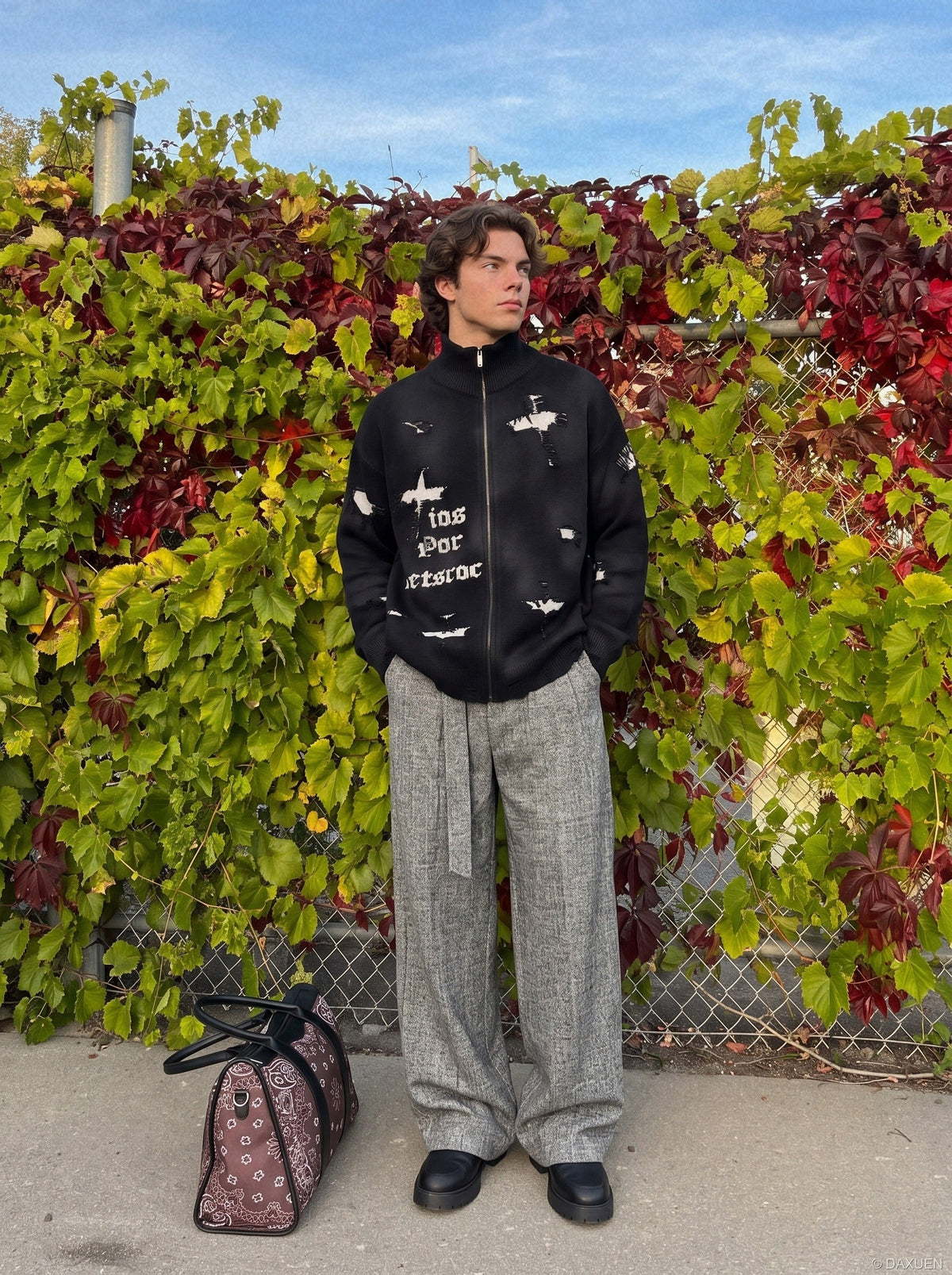 Detailed view of the distressed knit texture