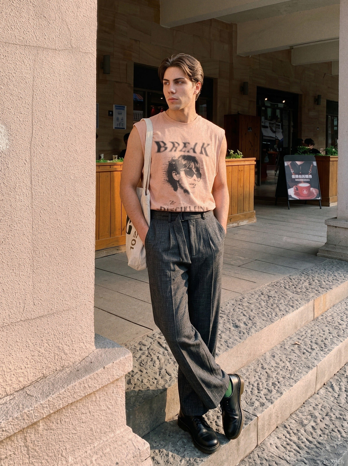Side view of sleeveless muscle tee in soft cotton jersey