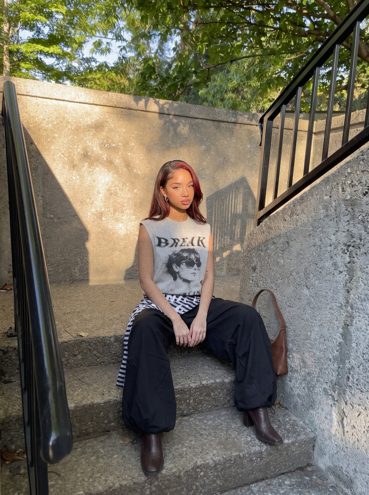 Relaxed fit distressed graphic muscle tee on model