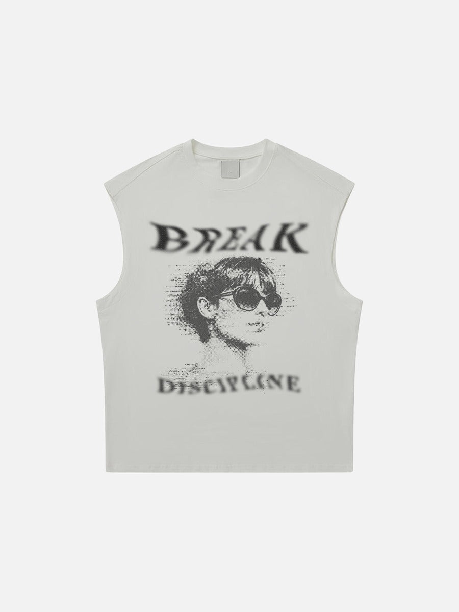 Front view of distressed graphic muscle tee in cotton jersey