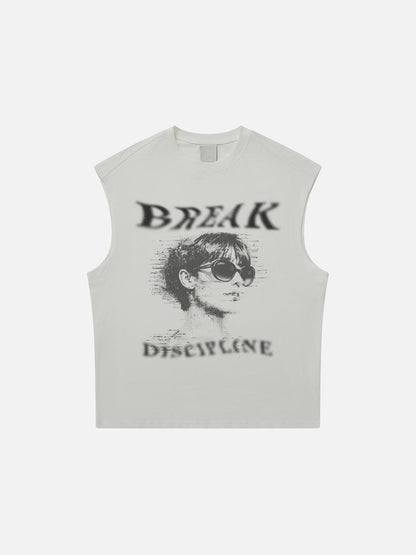 Front view of distressed graphic muscle tee in cotton jersey