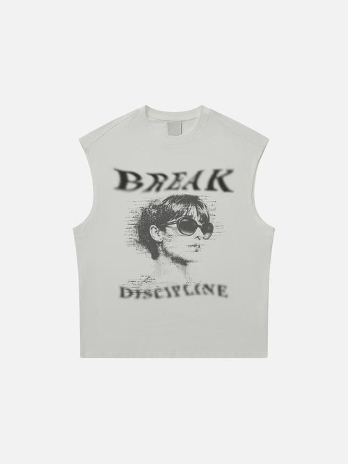 Front view of distressed graphic muscle tee in cotton jersey