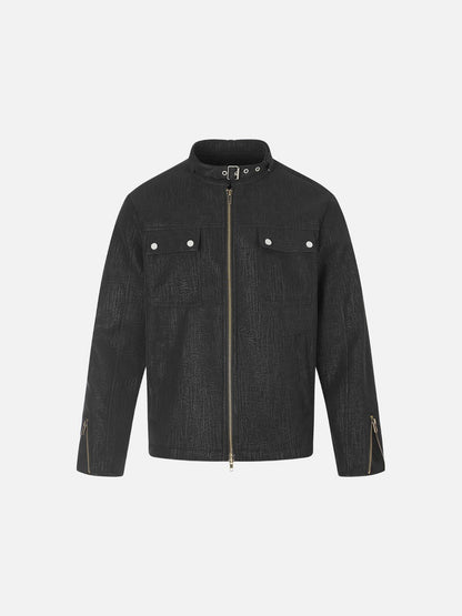 Front view of a distressed brown boxy jacket