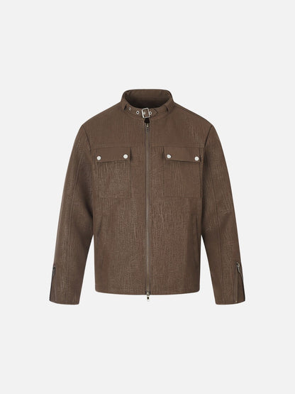 Distressed brown boxy jacket with textured streetwear finish