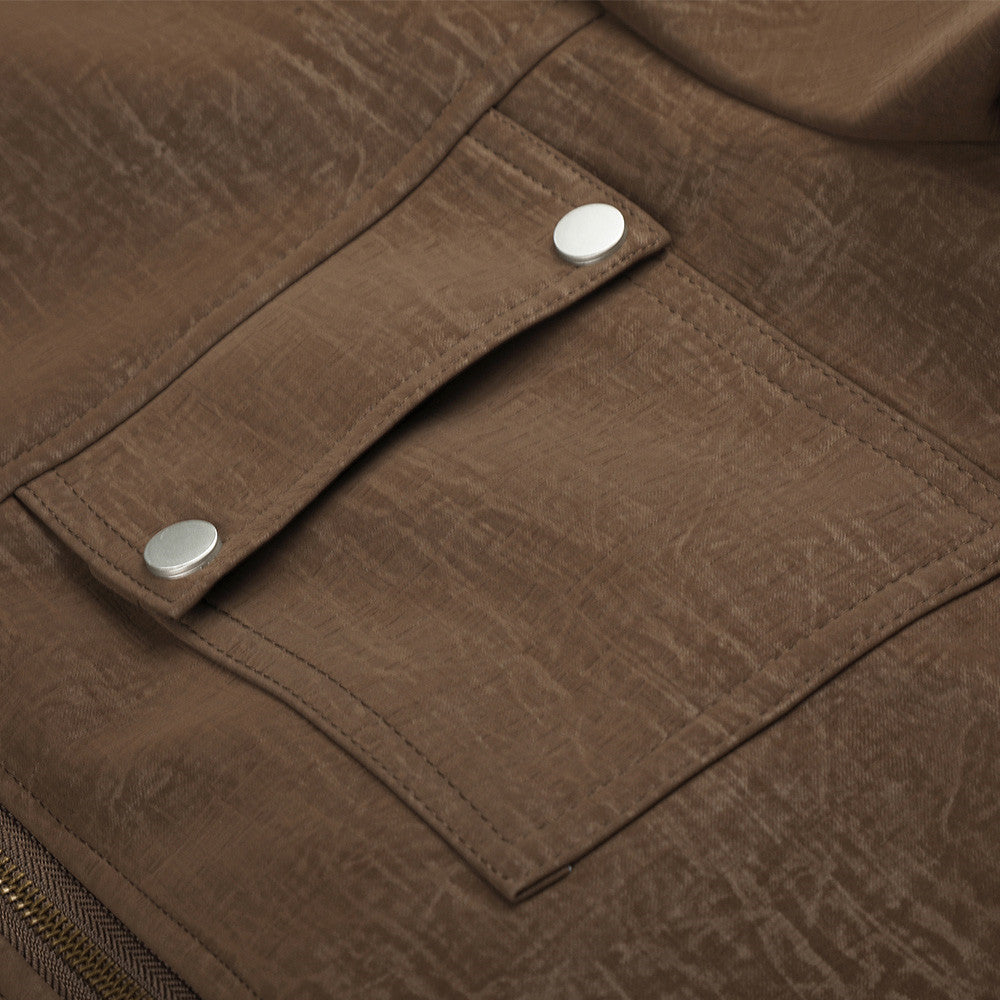 Distressed brown jacket showing its casual outerwear design