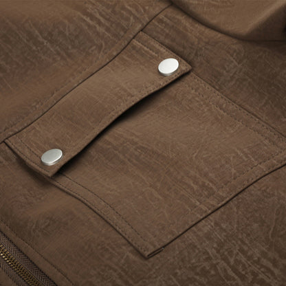 Distressed brown jacket showing its casual outerwear design