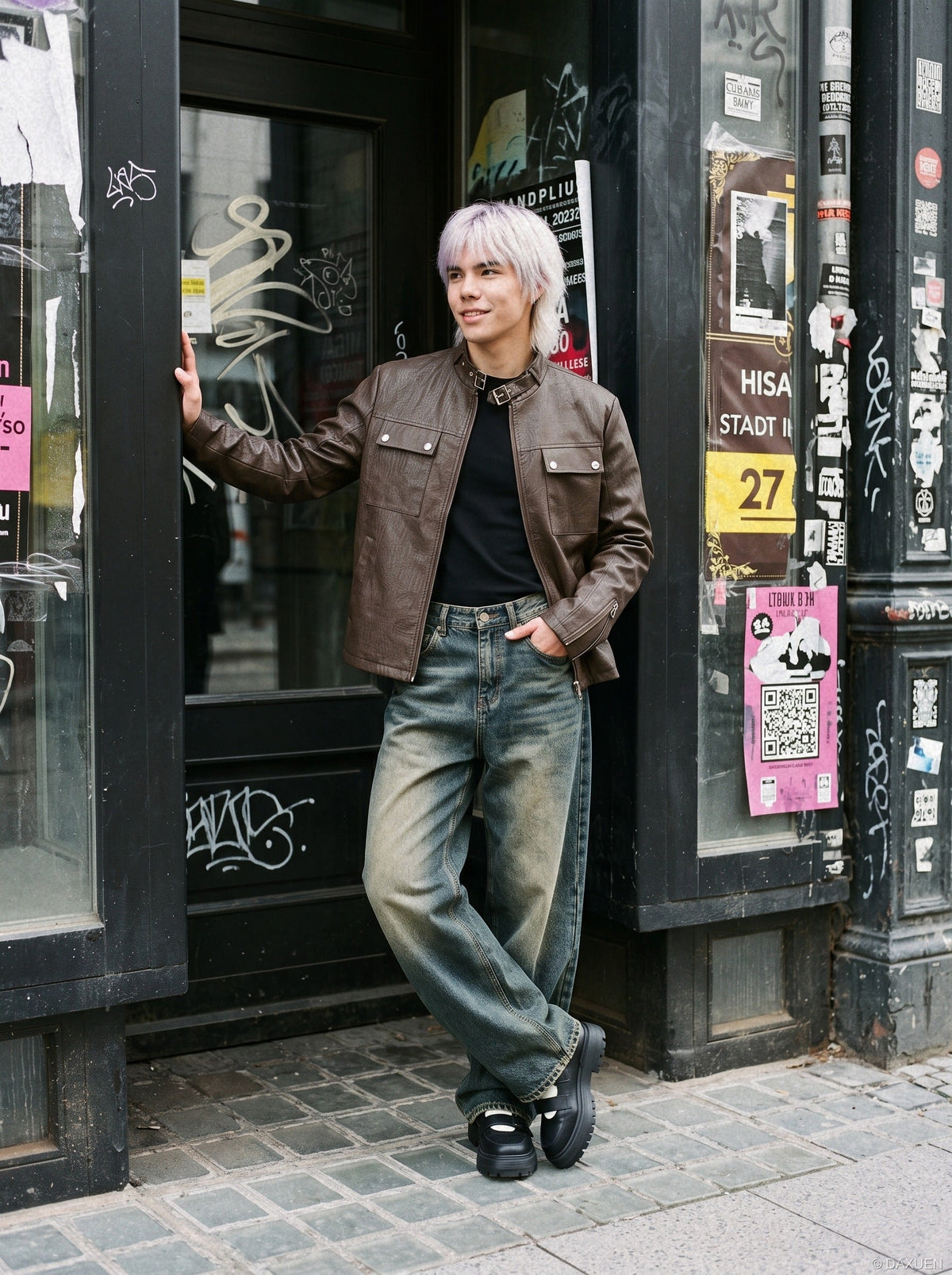 Relaxed-fit brown jacket styled for streetwear looks