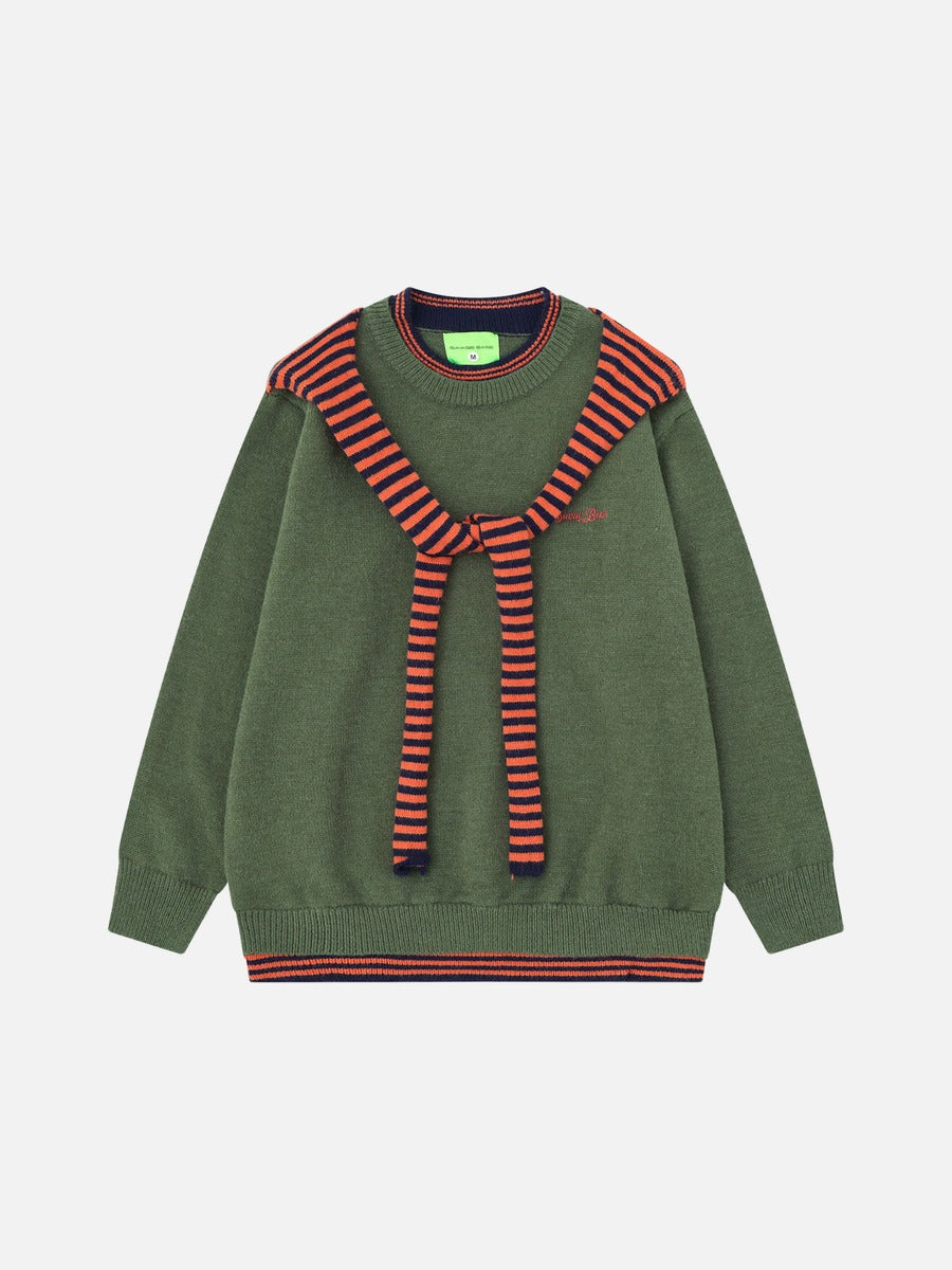 Draped knit sweater with olive and navy stripes shown from the front