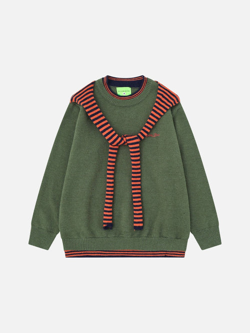 Draped knit sweater with olive and navy stripes shown from the front