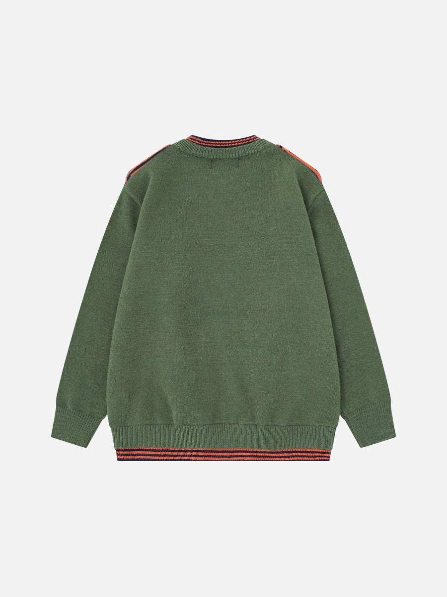 Long sleeves and striped knit detail in olive and navy