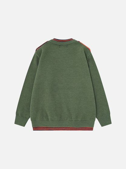 Long sleeves and striped knit detail in olive and navy