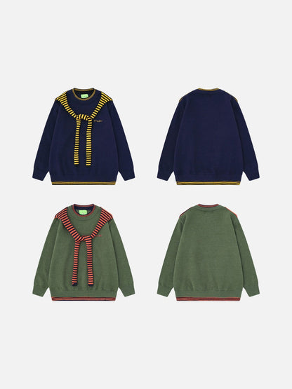 Soft knit fabric detail on an olive and navy striped sweater