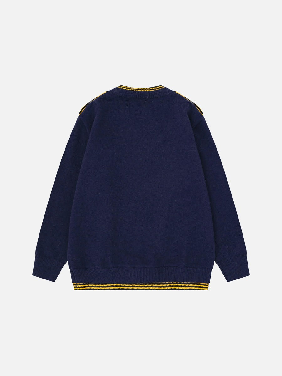 Olive and navy stripe pattern across the draped knit sweater