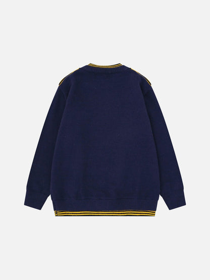 Olive and navy stripe pattern across the draped knit sweater