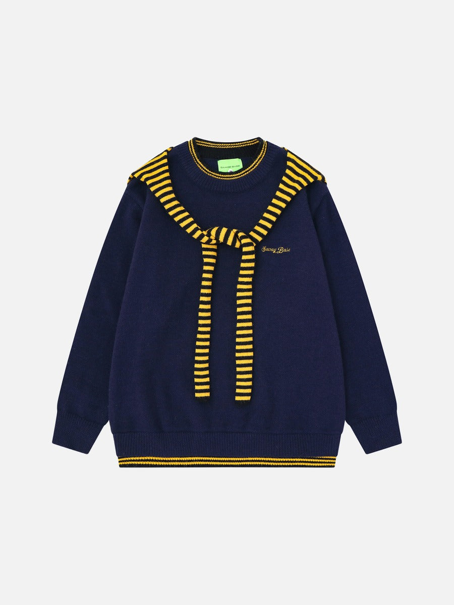 Draped Knit Sweater With Stripes In Olive And Navy