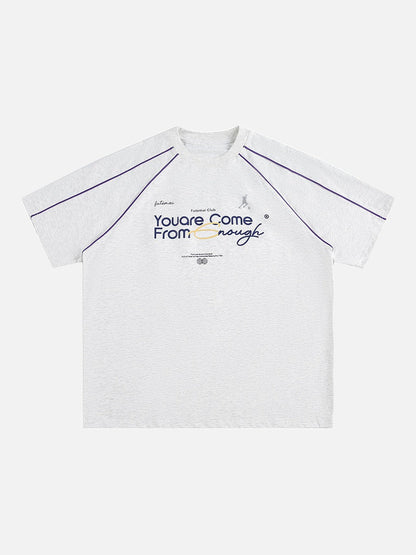 Front view of oversized graphic T-shirt with raglan sleeves