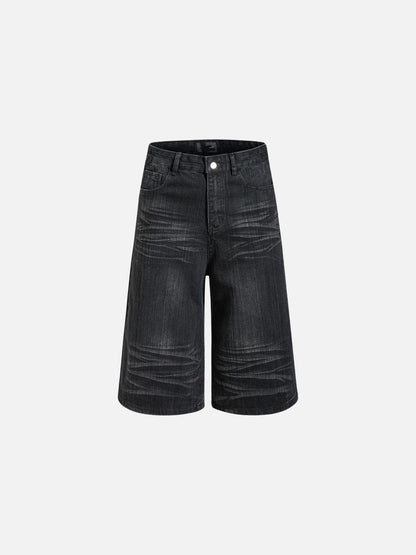 Wide-Leg Denim Shorts in Faded Black