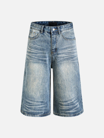 Wide-Leg Denim Shorts in Faded Black