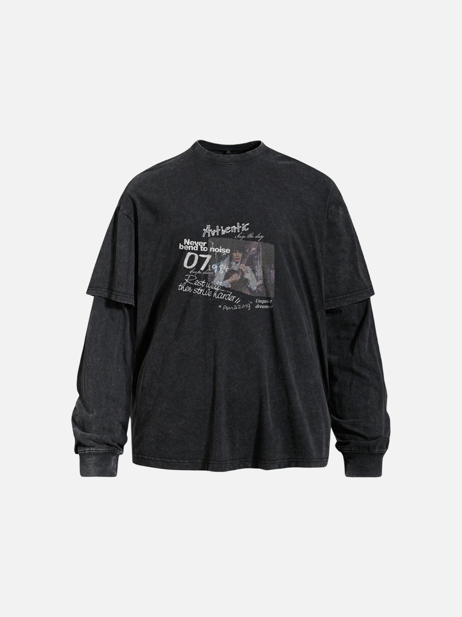 Faded grey layered graphic long-sleeve T-shirt, front view