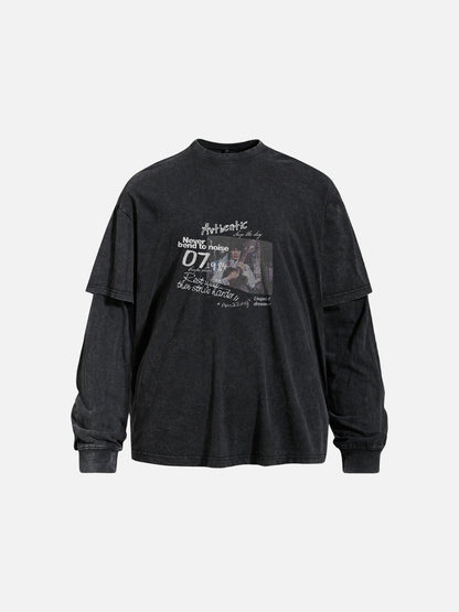 Faded grey layered graphic long-sleeve T-shirt, front view