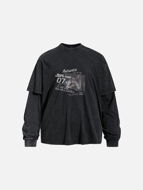 Faded grey layered graphic long-sleeve T-shirt, front view